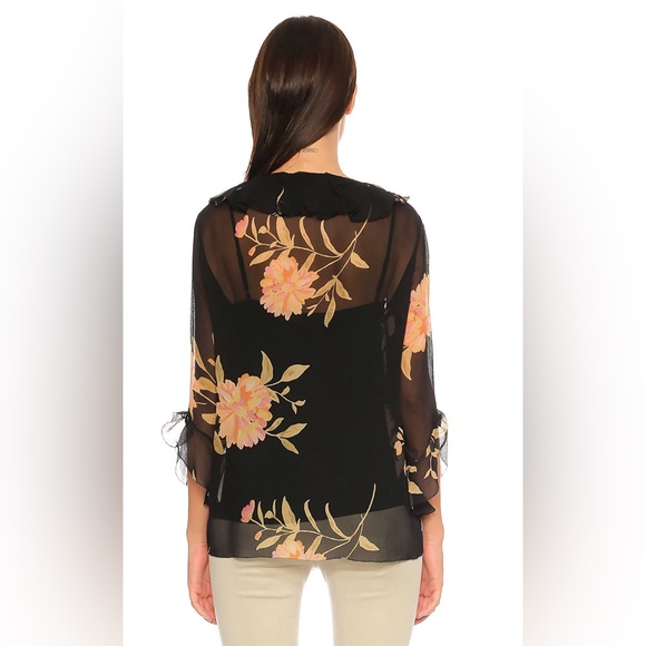 Polo Ralph Lauren (S) 100% Silk Floral Ruffle Sheer Black Work Career Blouse - Picture 5 of 12